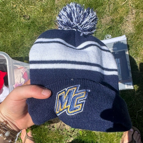 Navy and White Cozy Knit Pom-Pom Hat - Picture 1 of 1